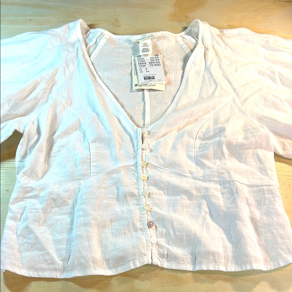 H&M White Button-Front Linen Blend V-Neck Blouse